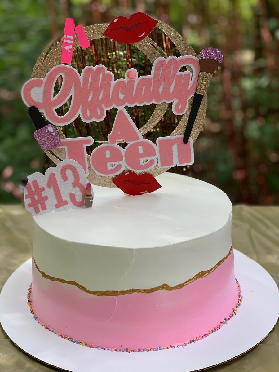 Pink and white 'Officially a Teen' 13th birthday cake